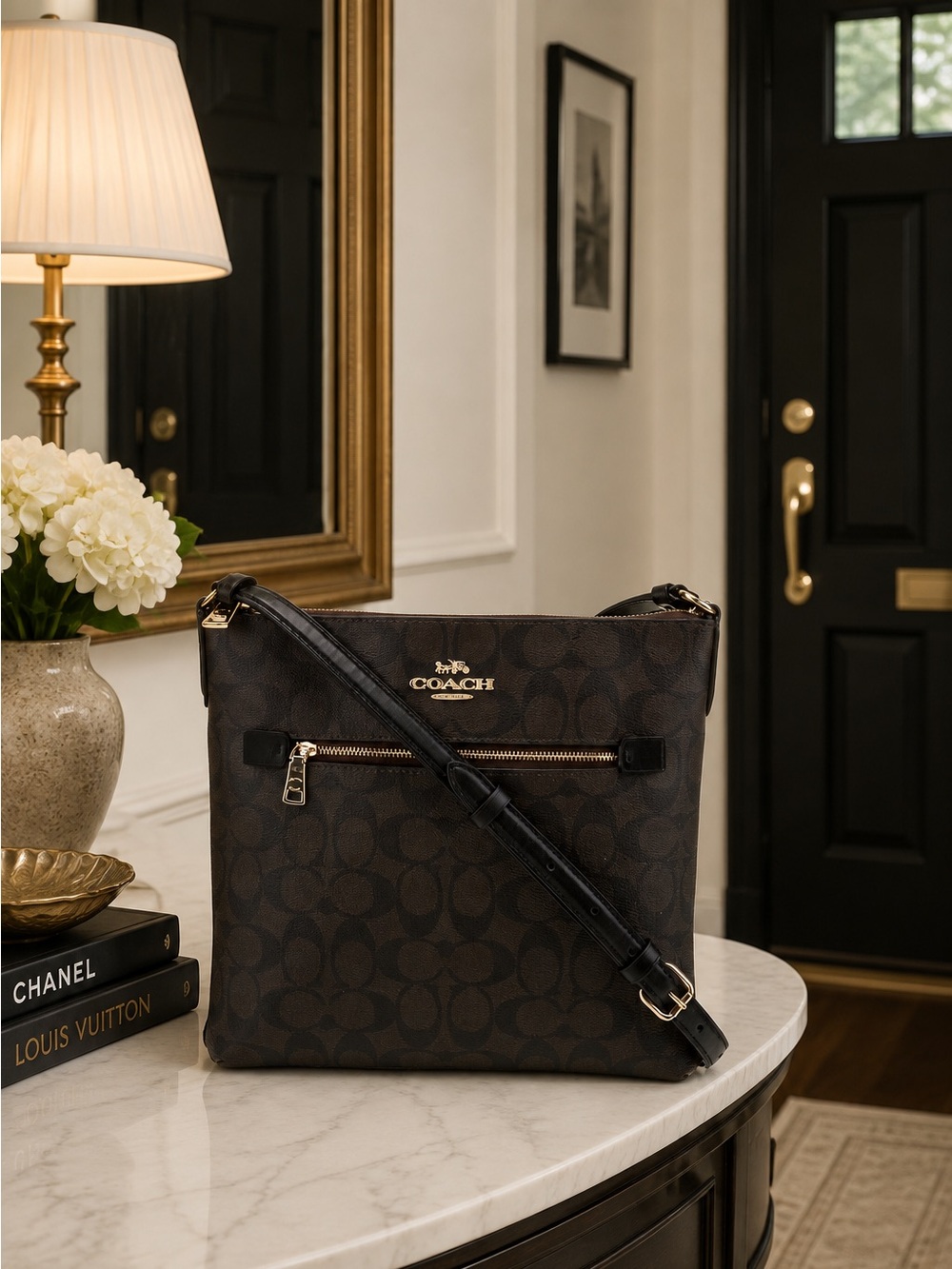 COACH Rowan File Crossbody | Signature Canvas Brown/Black | Gold | Like New